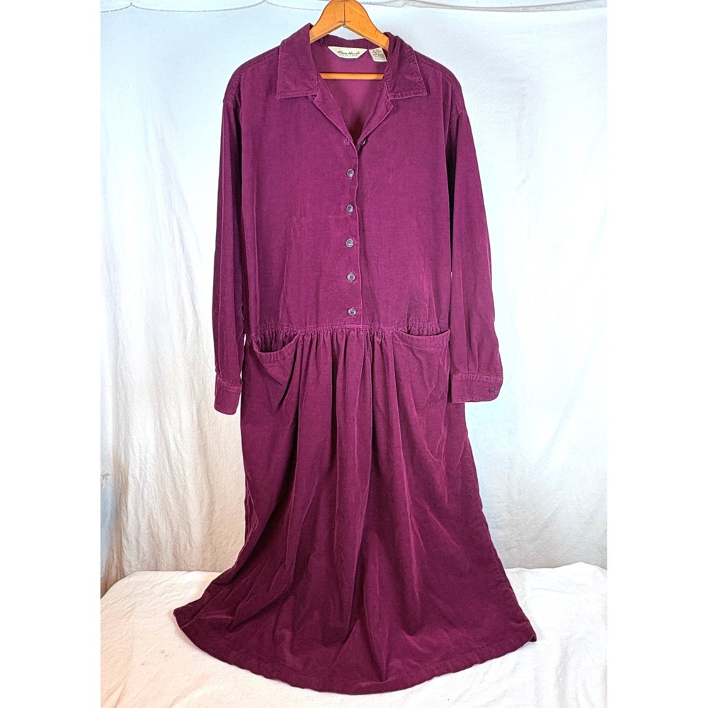 Eddie Bauer Maroon Corduroy Maxi Dress 100% Cotton Women M Praire Cottagecore